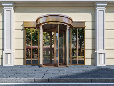 Golden Revolving Door Entrance With Glass Panels White Columns And Beige Exterior 3d model