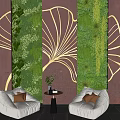 Leisure Sofa Set with White Sofas Orange Cushions and Green Plant Wall Background