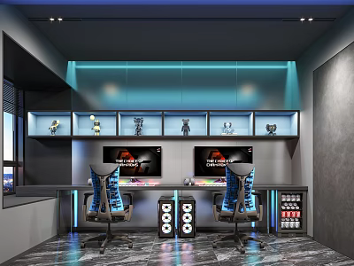Modern Study Room Interior With Dual Monitors Gaming Chairs Display Shelves And Figurines 3d model
