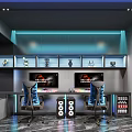 Modern Study Room Interior With Dual Monitors Gaming Chairs Display Shelves And Figurines