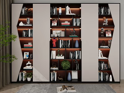Modern Geometric Bookcase with Layered Shelves Books Decorative Items Vases and Potted Plants 3d model