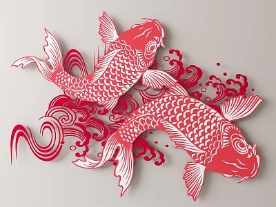 Red Koi Fish Paper Cut Wall Decor with Flowing Waves and Intricate Patterns 3d model