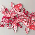 Red Koi Fish Paper Cut Wall Decor with Flowing Waves and Intricate Patterns 3d model