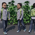 Three Boys With Green Backpacks Gray Shirts Jeans Standing By Green Plants And Blue Sky