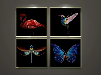 Colorful Animal Paintings Featuring Flamingo Hummingbird Dragonfly And Butterfly On Black Background With Decorative Frames 3d model