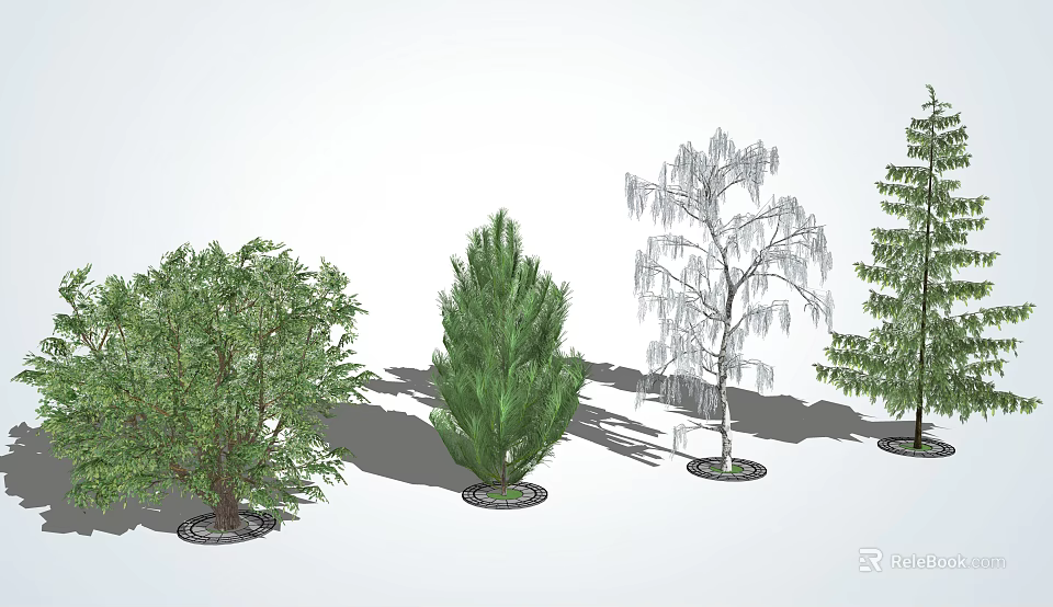 Different Arbor Tree Species with Various Shapes Planted on Circular Bases and Shadow Effects 3d model