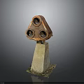 Vintage Electronic Appliance With Three Circular Ports Mounted On Stone Base