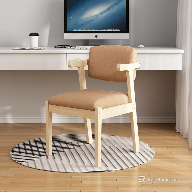 Modern Study Room Interior With Wooden Desk Comfortable Chair Computer And Patterned Rug 3d model 