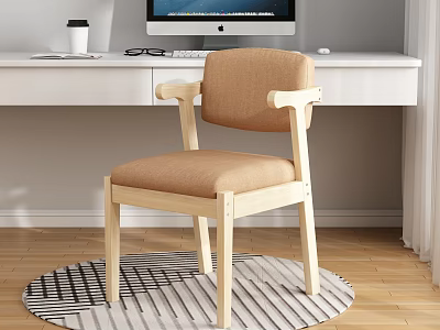 Modern Study Room Interior With Wooden Desk Comfortable Chair Computer And Patterned Rug 3d model