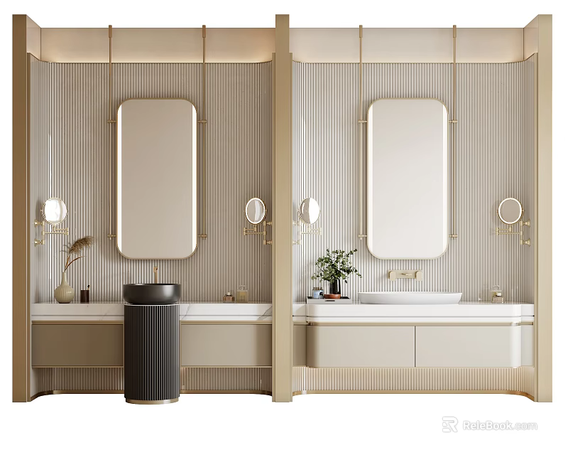 Modern Bathroom Vanity Design With Oval Mirror Gold Lighting And Marble Countertop 3d model 