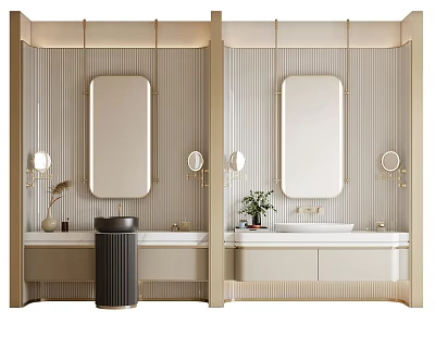 Modern Bathroom Vanity Design With Oval Mirror Gold Lighting And Marble Countertop 3d model