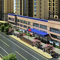 Modern Commercial Street Building Exterior With Glass Windows Blue Awning Surrounding Trees And Street Cars