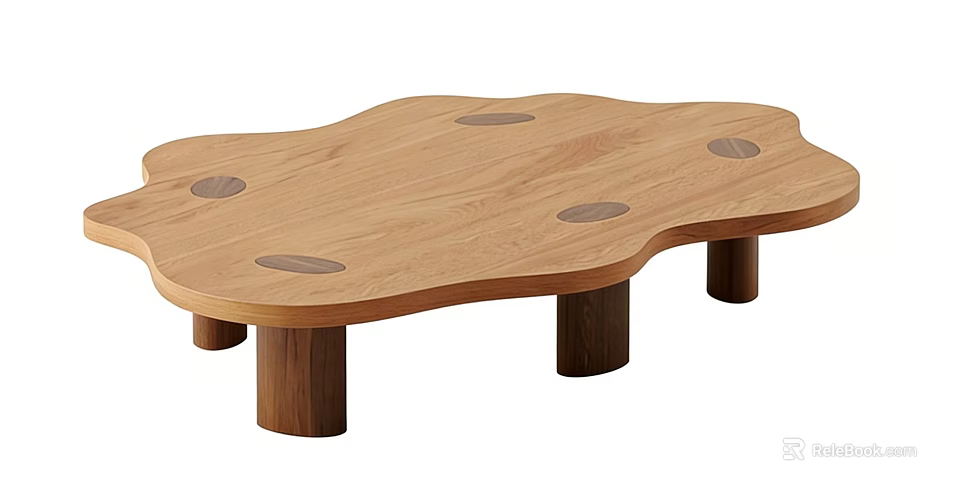 Wooden Coffee Table With Irregular Shape Wavy Edges Circular Inlays And Cylindrical Legs 3d model 
