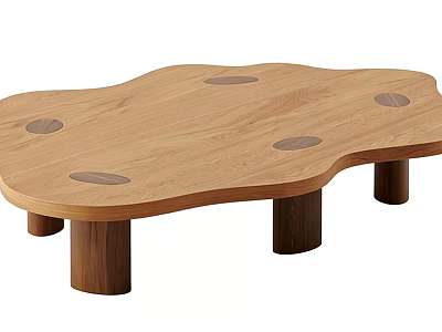 Wooden Coffee Table With Irregular Shape Wavy Edges Circular Inlays And Cylindrical Legs 3d model
