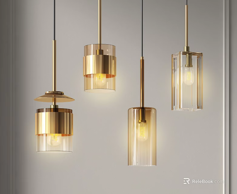 Golden Transparent Glass Pendant Lights Illuminated In White Background Space 3d model 
