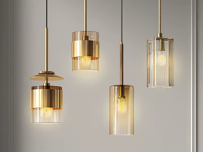Golden Transparent Glass Pendant Lights Illuminated In White Background Space 3d model