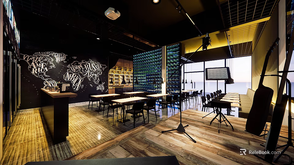 Modern Restaurant Interior With Open Layout Wine Rack Wall Black White Decor And Wooden Tables 3d model 