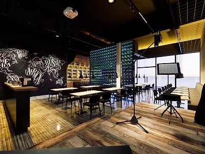 Modern Restaurant Interior With Open Layout Wine Rack Wall Black White Decor And Wooden Tables 3d model