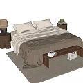 Double Bed with Beige Quilt Pillows and Wooden Nightstands Table Lamp Bench on Light Rug