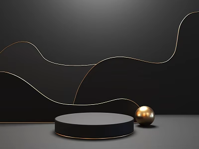 Commercial Equipment Display Stand With Black Circular Base And Golden Sphere On Dark Background 3d model