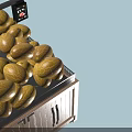 Supermarket Fresh Fruits Display With Wooden Crate Stand Ripe Yellow Melons and Hanging Price Signs