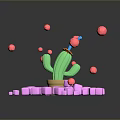 Green Cactus Surrounded by Pink Cubes and Floating Spheres on Sandy Ground