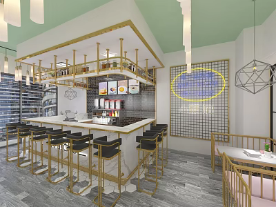 Dessert Shop Interior With Golden Bar Counter High Stools Pendant Lights Green Ceiling Grid Wall 3d model