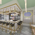 Dessert Shop Interior With Golden Bar Counter High Stools Pendant Lights Green Ceiling Grid Wall