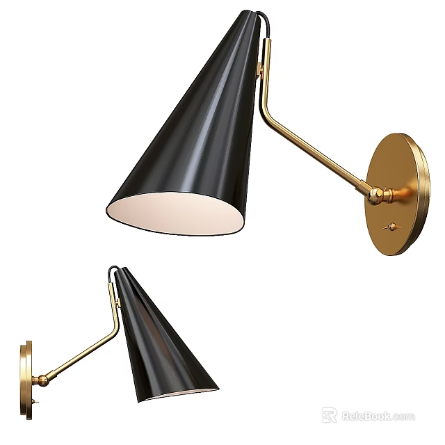 Modern Black Conical Shade Wall Sconce With Gold Metal Bracket Design 3d model