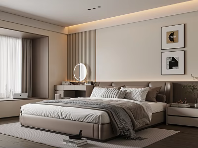 Modern Bedroom Interior Design With Upholstered Bed Wall Art Round Mirror And Curtains 3d model