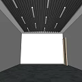 Black Linear Suspended Ceiling With White Strip Lights In Empty Room