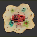 Cartoon Scene Small House With Red Roof Blue Walls Wooden Staircase And Potted Plants