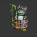 Cute Gray Cat Taking Bath In Wooden Barrel With Blue Headscarf Bamboo And Yellow Leaf