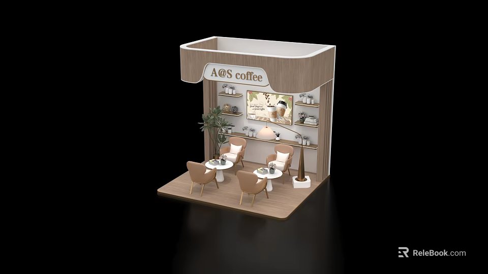 Ao's Coffee Exhibition Booth Interior With Tables Chairs Plants And Display Shelves 3d model 