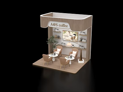 Ao's Coffee Exhibition Booth Interior With Tables Chairs Plants And Display Shelves 3d model