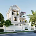 Modern Three Story White Detached Villa With Balconies And Walled Gate Surrounded By Green Trees