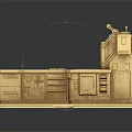 Golden Metal Furniture Workstation Design Featuring Countertop Drawers Cabinets And Layered Structure