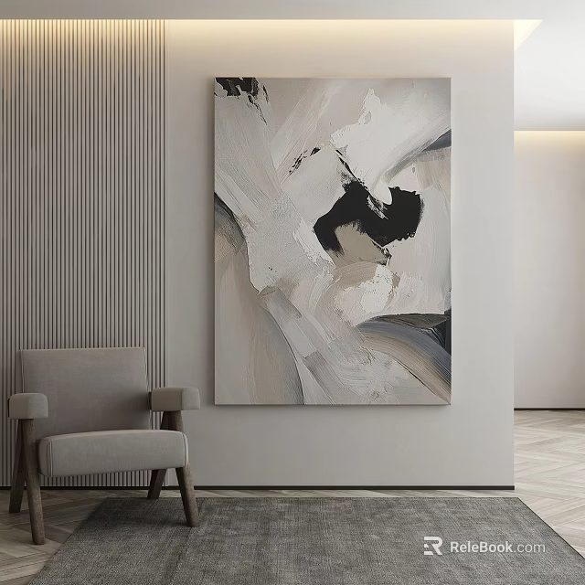 Abstract Painting On Wall With Gray Chair In Modern Interior Space 3d model 