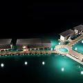 Row Of Lit Water Buildings At Night With Mountain Backdrop And Reflections