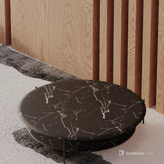 Modern Sofa Coffee Table Set With Round Black Marble Top Gray Carpet And Wooden Wall 3d model 