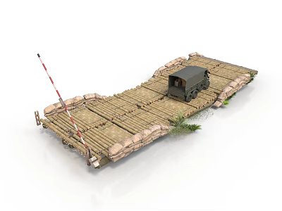 Wooden Pontoon Bridge With Black Small Shed Red White Barrier Stones And Green Plants 3d model