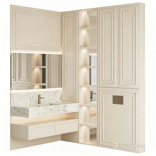 Elegant Modern Bathroom Vanity With Marble Countertop Mirror And White Cabinetry 3d model 