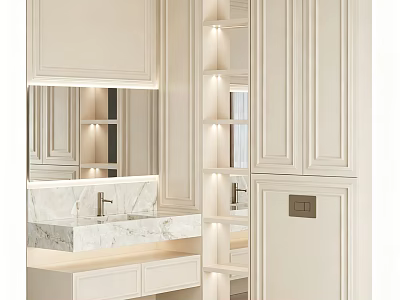 Elegant Modern Bathroom Vanity With Marble Countertop Mirror And White Cabinetry 3d model