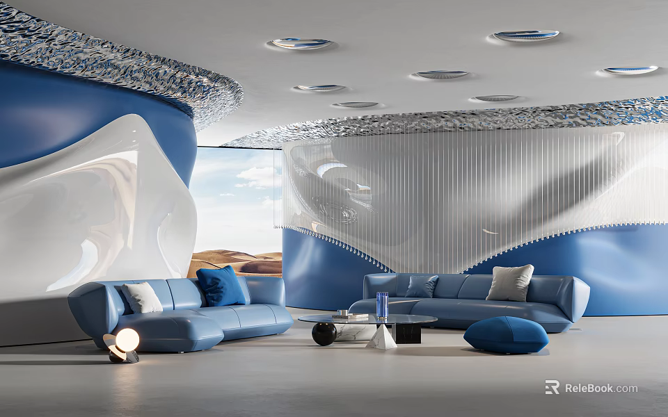 Modern Blue Lounge Area With Sofas Ottoman Round Coffee Table Wavy Walls And Circular Lights 3d model 