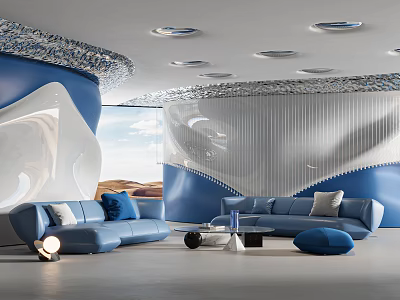 Modern Blue Lounge Area With Sofas Ottoman Round Coffee Table Wavy Walls And Circular Lights 3d model