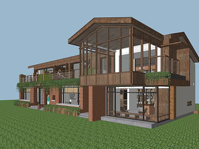 Modern Vacation Home Exterior With Wooden Structure Large Glass Windows And Balcony Green Plants 3d model
