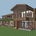 Modern Vacation Home Exterior With Wooden Structure Large Glass Windows And Balcony Green Plants