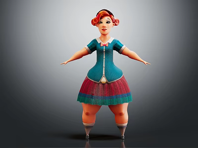 Cartoon Female Character With Red Curly Hair Blue Top Red Striped Skirt Standing Pose 3d model