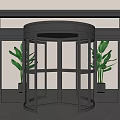 Modern Revolving Door Interior With Glass Panels Black Frame And Green Plants