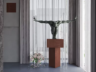 Sculpture Carving Human Figure with Open Arms on Brown Pedestal Indoor with Curtains and Flowers 3d model